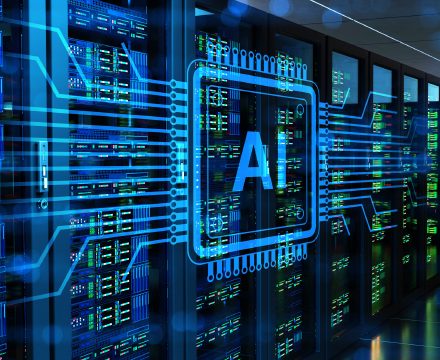 Glowing AI chip graphic overlaid on a data-center server room